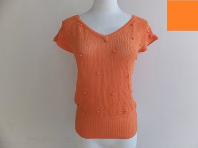 百貨專櫃 CUMAR 義大利 夏季 簍空 珠飾 小包袖 彈性 針織衣 / 背心 -F號-橘色-新