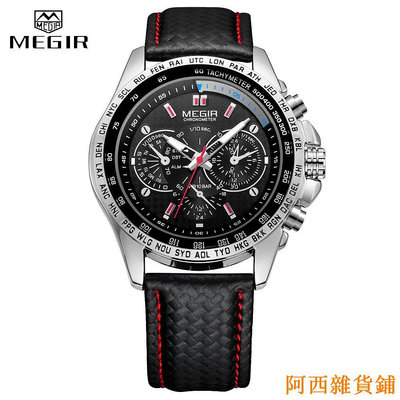 阿西雜貨鋪Megir 手錶 1010 男士石英腕錶休閒皮革模擬防水手錶