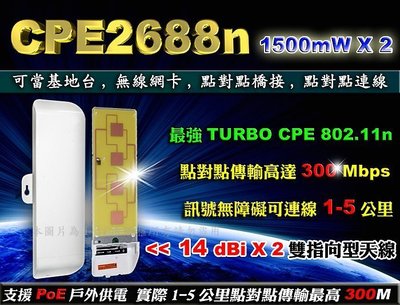 【新品上市】CPE2688n 高功率1500mW 300Mbps 內建14dBi雙天線2.4G室外型長距離無線橋接器AP
