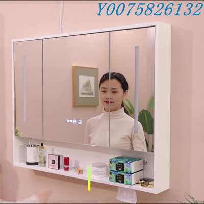 實木浴室鏡柜單獨掛墻式衛生間帶燈梳妝鏡子白色簡約除霧鏡箱