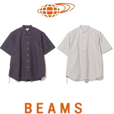 現貨熱銷-BEAMS JAPAN 夏季下擺紅繩格子休閑寬松男女短袖襯衫 滿千免運