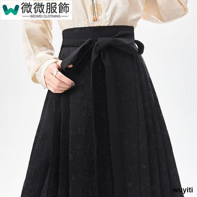 新中式提花黑色半身裙女夏季國風馬面裙高腰顯瘦中長款a字百褶裙~微微服飾