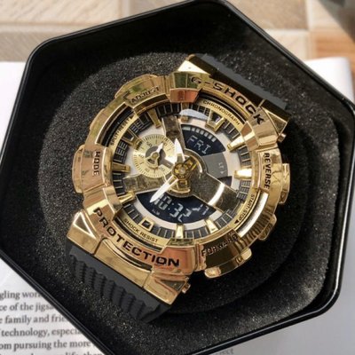 CASIO 金色不鏽鋼 黑色樹脂錶帶 指針/數位 雙顯 男士手錶 GM-110G-1A9