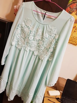 日系專櫃NR 粉藍色蕾絲雪紡長袖高腰洋裝