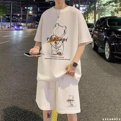 夏季 華夫格套裝男 卡通 印花T恤搭配短褲兩件套 簡約 休閒 寬鬆 百搭 韓風上衣 滿599免運