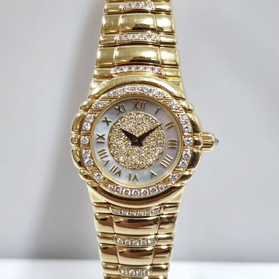 送禮禮物禮品Piaget 伯爵女用18K金鑽錶 原鑲鑽石 錶徑25mm石英機芯 貝殼鑽石面 大眾當舖 編號8723