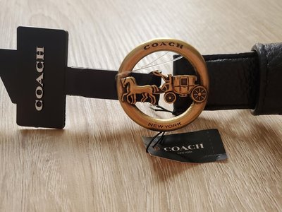 COACH 黑色真皮金屬馬車釦頭細版皮帶-M