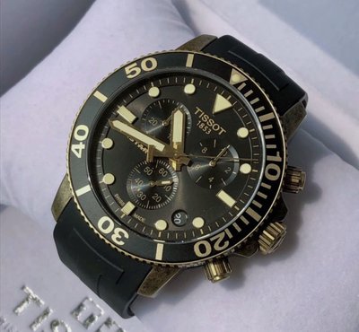 TISSOT Seastar1000 黑色配古銅色錶盤 黑色橡膠錶帶 石英 三眼計時 男士手錶T1204173705101 /天梭300米潛水錶 (天梭腕錶）