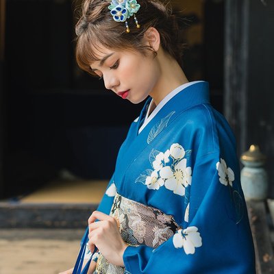 藍色白花日本和服浴衣日系文藝復古改良正裝和服| Yahoo奇摩拍賣