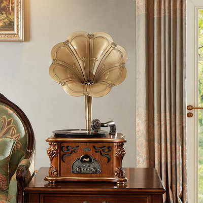 路曼詩復古留聲機歐式實木音響美式桌面黑膠唱片機仿古家用大喇叭