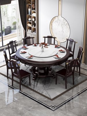 新中式巖板大理石實木餐桌現代簡約大圓桌家用12人圓形餐廳吃飯桌