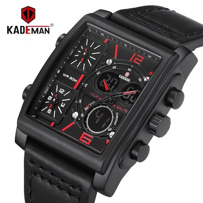 【潮裡潮氣】卡德蔓KADEMAN男士多功能運動手錶長方形錶盤皮帶石英手錶K636