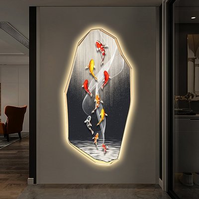 【熱賣下殺】九魚圖玄關裝飾畫新中式LED燈畫走廊過道高端氛圍感掛畫背景墻畫