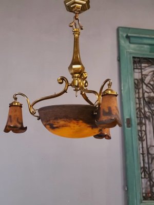 ⚜️卡卡頌 皇家.歐洲古董⚜️法國 MullerFrères 純銅 新藝術 手工玻璃燈罩 簽名 古董燈JD22 ✬