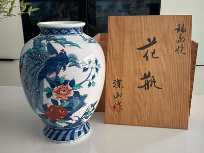 日本色鍋島一等名家深山作、手繪孤品超大花瓶帶原木箱