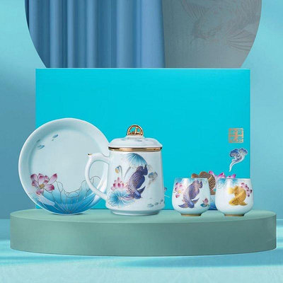 【熱賣精選】賜祿 中國風金龍魚德化白瓷辦公室茶杯陶瓷帶蓋過濾水杯家用禮品