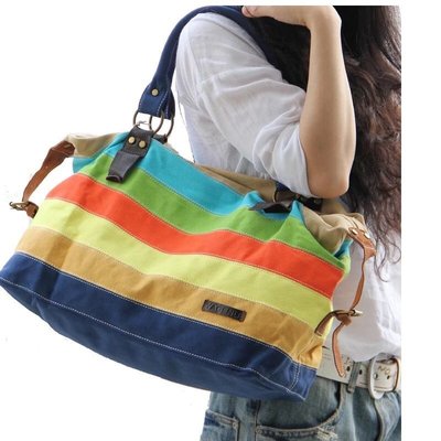 韓版帆布彩虹條紋肩包斜背包運動旅行媽媽包