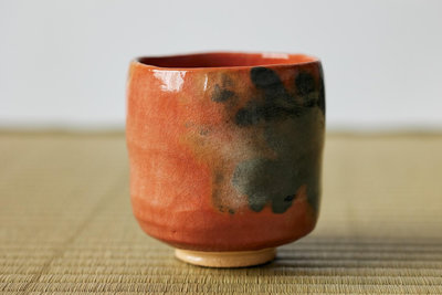日本 樂燒 抹茶碗 赤樂 松樂 筒型 純手工