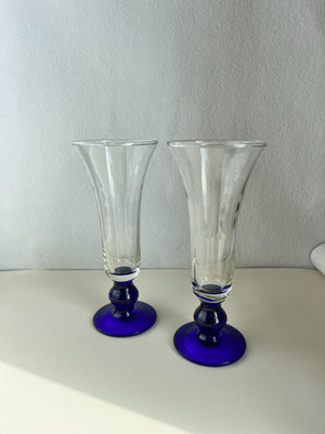 復古重工手工克萊因藍色底座拼色透明玻璃花瓶 人工手作吹制玻璃