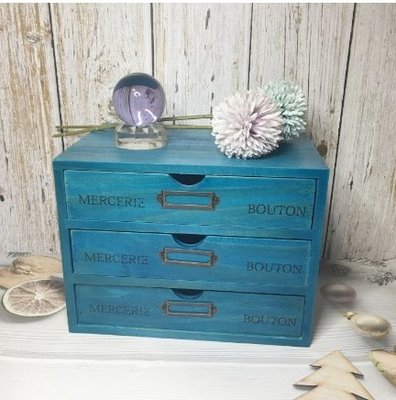 ((台灣現貨))51002三層懷舊復古藍木質整理盒首飾盒辦公桌收納抽屜櫃抽屜式收納盒桌上型收納櫃