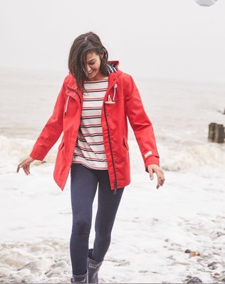 Miolla 英國品牌Joules 紅色藍白條紋內裡木扣款防風防水拉鏈帶帽外套