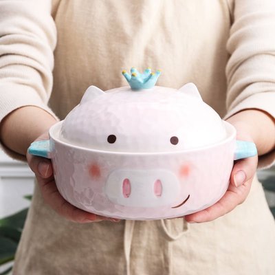 熱銷 可愛粉色小豬陶瓷泡麵碗日式卡通學生宿舍家用碗盤套裝兒童沙拉盤-
