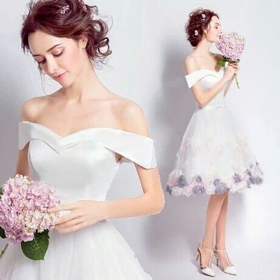 天使佳人婚紗禮服------翻折一字肩玫瑰花朵晚禮服 實品