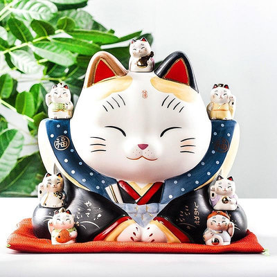 現貨 正品日本師窯七福神和服大號彩繪陶瓷貓擺件招財貓開業喬遷禮物