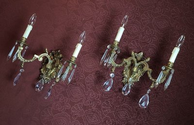 ⚜️ 卡卡頌 皇家.歐洲古董⚜️19世紀 高質感 法國純厚銅 水晶 壁燈(一對)  西洋古董 B5-180 ✬