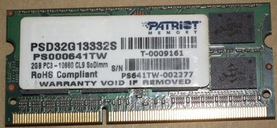 DDR3-1333 PATRIOT博帝2G 2rx8筆記型記憶體2GB筆電1.5V雙面顆粒PSD32G13332S
