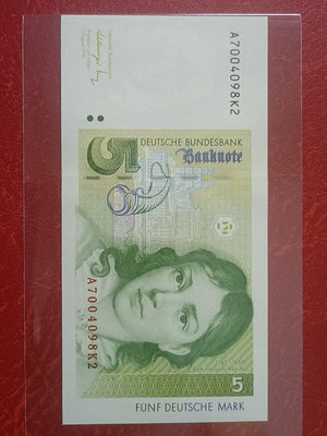 德國紙幣5馬克，德國馬克5，德國5馬克，全新未流通品相。