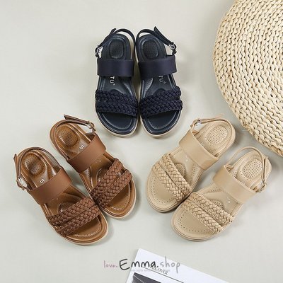 EmmaShop艾購物-正韓同步上新-夏天必備編織透氣氣墊平底涼鞋/最大尺寸到42號/