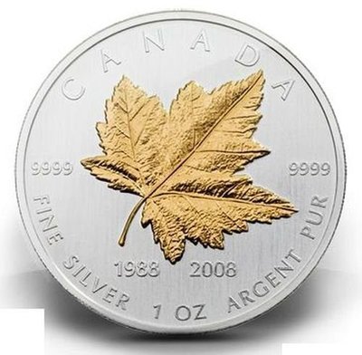 加拿大 紀念幣 1988-2008 20th紀念-鍍金楓葉紀念銀幣 原廠原盒