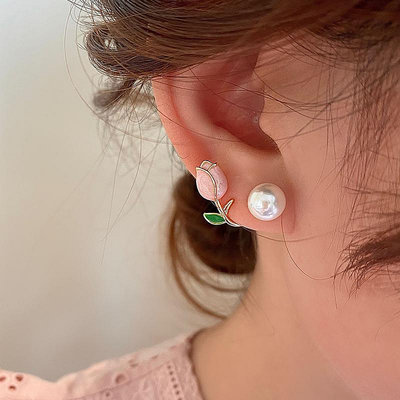 超仙設計郁金香珍珠耳環簡約小眾耳釘女2024新款潮高級感氣質耳飾~告白氣球