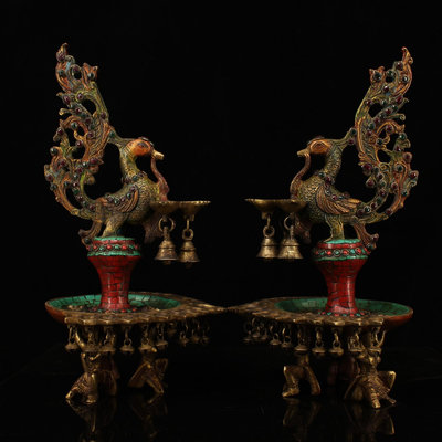 尼泊爾寺院收老純銅純手工打造鑲嵌寶石彩繪描金蠟臺   油燈一對     一個重4728克 古玩古董 舊藏老貨 收藏擺件【老物件】235474