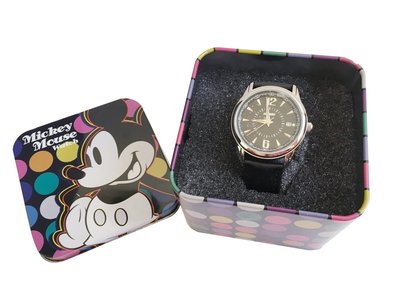 全新鐵盒裝 Disney Mickey 迪士尼 米奇 米老鼠 古典 男錶 女錶 手錶 錶 香港版 黑色皮製錶帶 瑕疵