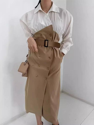 韓版chic法式復古翻領雙排扣不規則拼接假兩件收腰顯瘦連衣裙