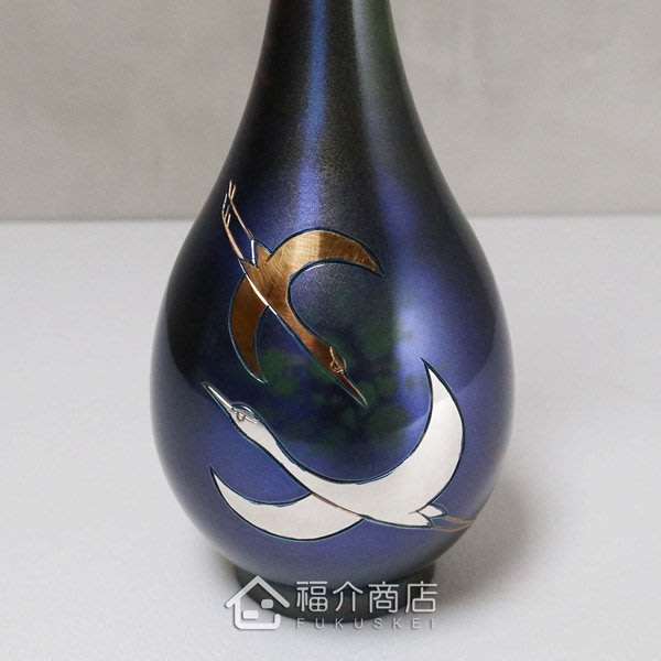 日本高岡銅器一輪生彫金二羽鶴銅花瓶純銅手工鑄造精緻工藝品日本