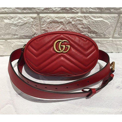 全新法國正品 GUCCI 476434 GG Marmont 紅色 牛皮 復古金 GG logo 腰包 現貨