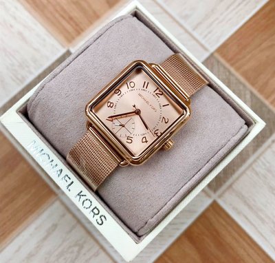 MICHAEL KORS Brenner 玫瑰金色長方型錶盤 玫瑰金色不鏽鋼編織錶帶 石英 女士手錶 MK3664
