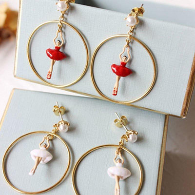 新款熱銷 法國Les Nereides 迷你mini芭蕾紅色白色女孩金圈 耳環耳釘耳夾 明星大牌同款