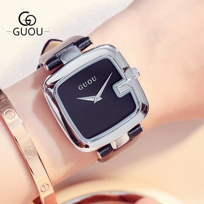 新款手錶女 百搭手錶女GUOU古歐時尚大氣女士手錶簡約方形大錶盤石英錶氣質皮帶女錶8190