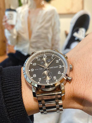 MEGIR時尚潮流白領商務氣質男士經典防水手錶不銹鋼錶帶品質男錶