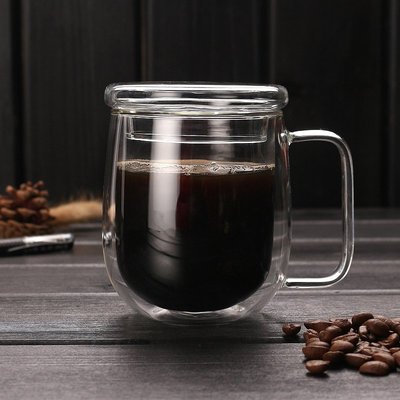 “正品”創意雙層隔熱咖啡杯耐熱玻璃水杯透明果汁杯帶蓋牛奶杯帶把馬克杯