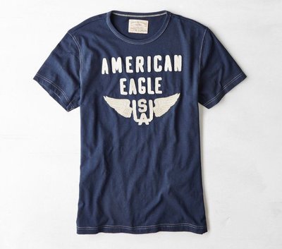 Maple麋鹿小舖 American Eagle ＊ AE 男生藍色貼布LOGO短T ＊ ( 現貨S號 )