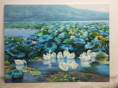【醉月樓古文物】E0592 謝思雨 荷花天鵝(二) 油畫 91x122cm