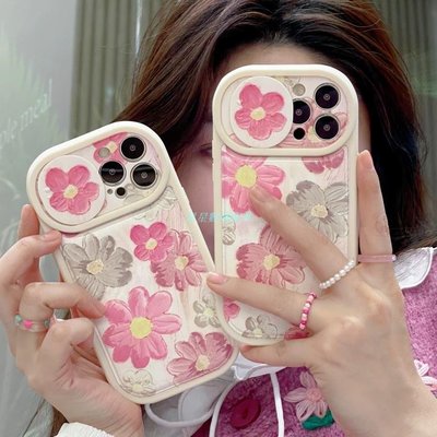 iPhone14手機殼粉色花朵手機殼帶滑動窗口相機適用於 Iphone 14 13 Pro Max Case 12