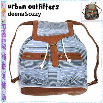 ☆POLLY媽☆Urban outfitters COOPERATIVE DEENA&OZZY棕色皮質/條紋帆布後背包