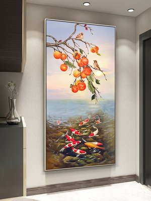 特賣-手繪玄關油畫新中式九魚圖掛畫招財高端走廊裝飾畫事事如意柿子畫