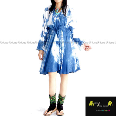 Unic＠泰國進口洋裝TD388『只有一件＿藍染100%純棉V領＿長袖洋裝＿高腰拉繩傘擺洋裝』異國風 超顯瘦